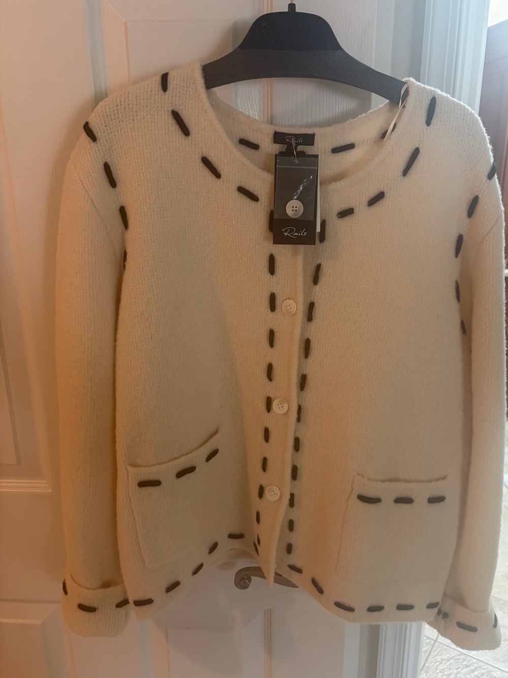 Rails Cream Button-Front Cardigan with Dark Brown Contrast Stitching